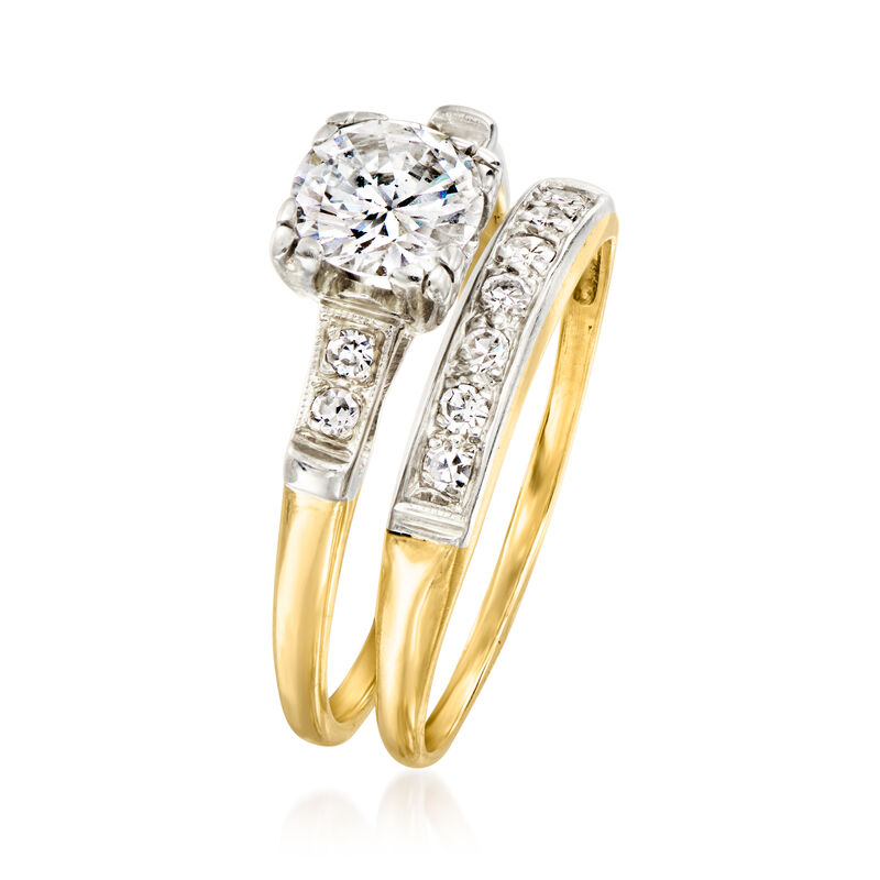 C. 1950 Vintage .93 ct. t.w. Diamond Bridal Set: Engagement and Wedding Rings in 14kt Yellow Gold image number 2