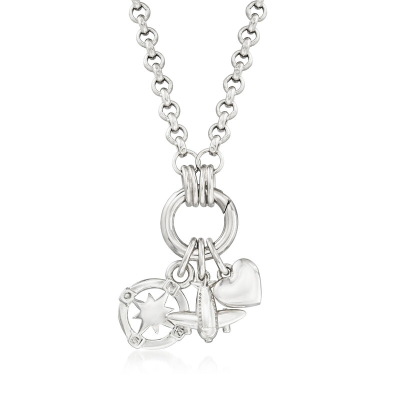 Italian Sterling Silver Jewelry Set: Rolo-Link Necklace with Three Travel-Themed Charms image number 0