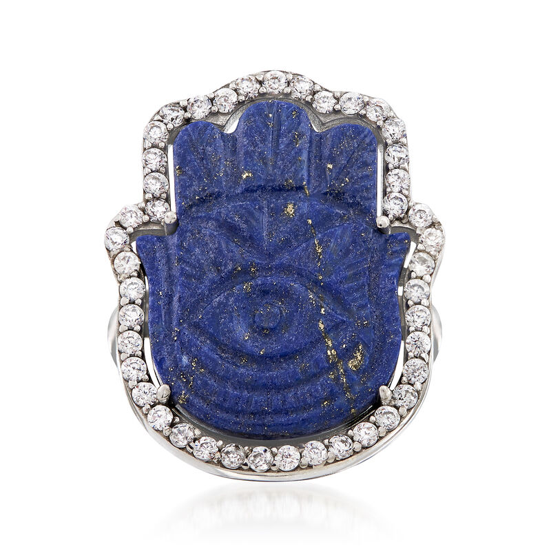 Lapis and .90 ct. t.w. White Zircon Hamsa Ring in Sterling Silver image number 0