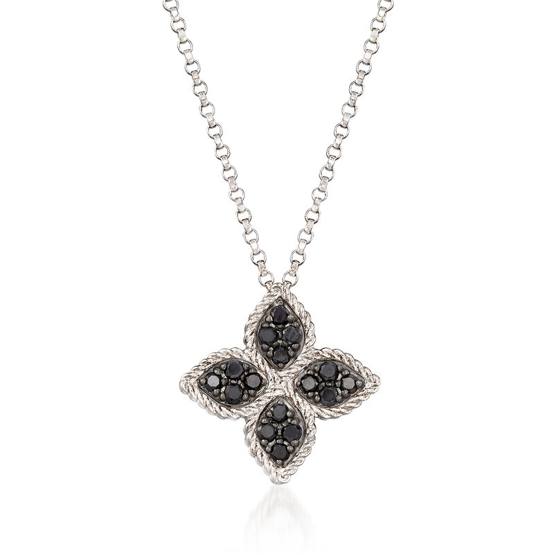 Roberto Coin &quot;Princess Flower&quot; .38 ct. t.w. Black and White Diamond Flower Pendant Necklace in 18kt White Gold. 18&quot; image number 2