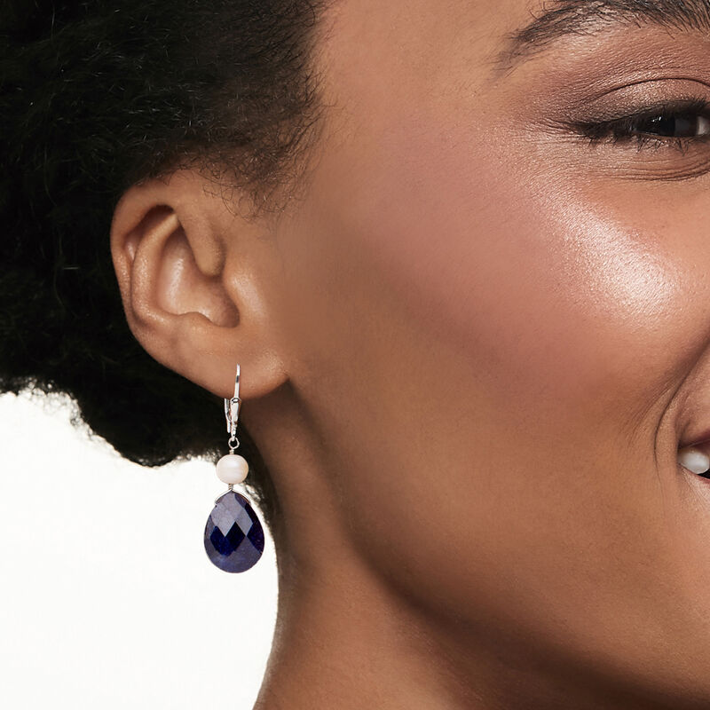 20.00 ct. t.w. Sapphire and Cultured Pearl Drop Earrings in Sterling Silver image number 1