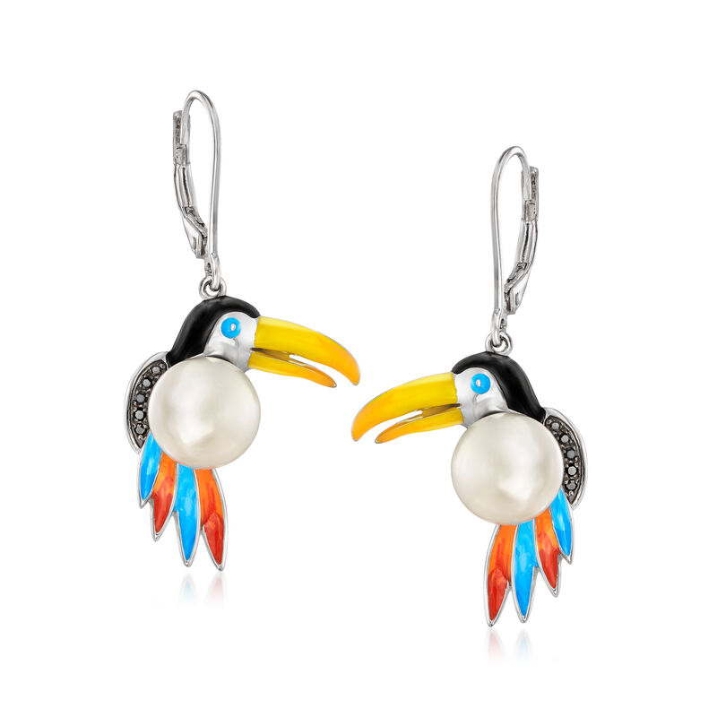 Multicolored Enamel and 8.5-9mm Cultured Pearl Toucan Drop Earrings with Black Diamonds in Sterling Silver image number 0