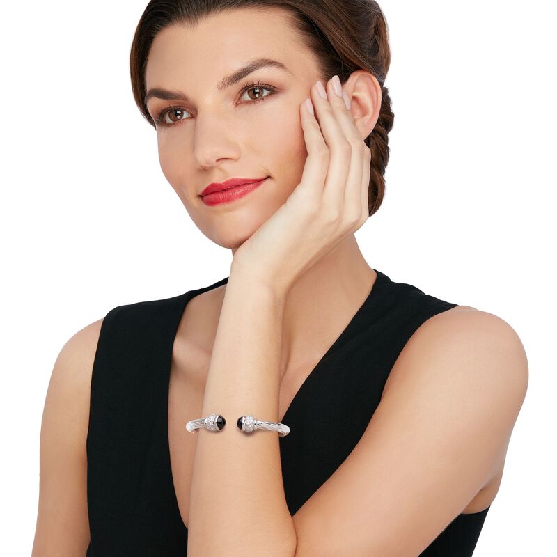 Italian Black Onyx and 1.30 ct. t.w. CZ Twisted Cuff Bracelet in Sterling Silver image number 1