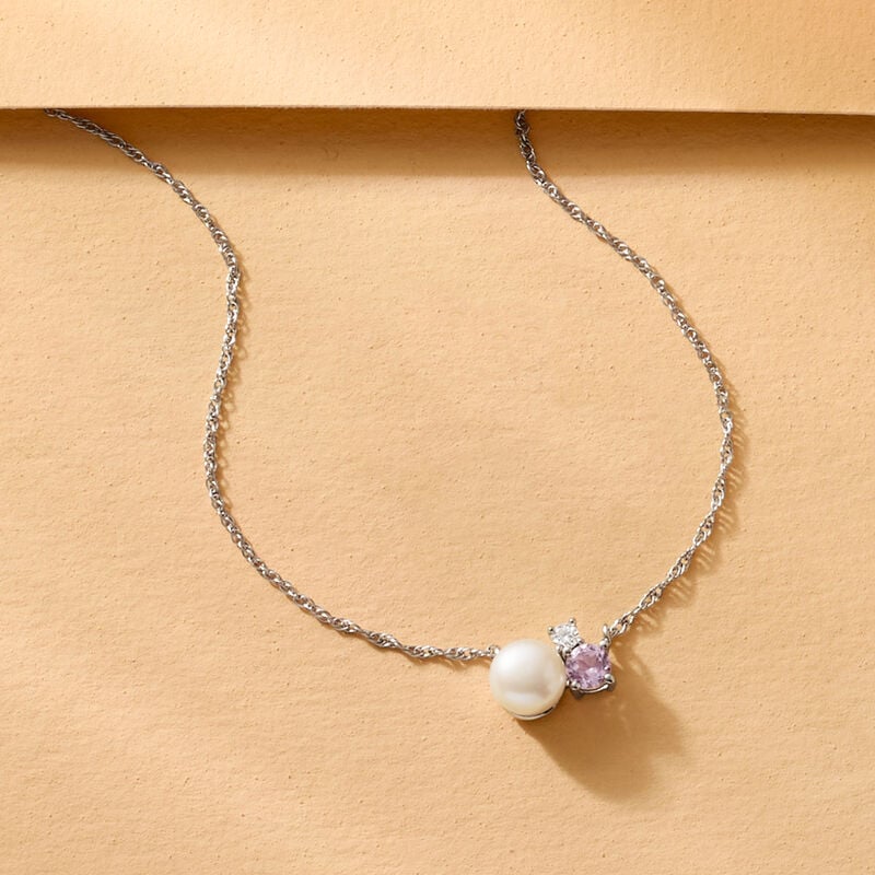 6.5mm Cultured Pearl and .20 Carat Amethyst Necklace with Single Lab-Grown Diamond in Sterling Silver. 18" image number 2
