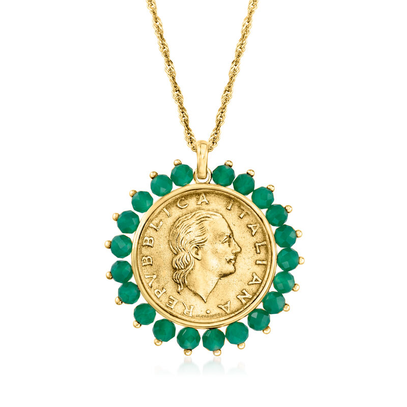Genuine 200-Lira Coin and Green Agate Medallion Pendant Necklace in 18kt Gold Over Sterling image number 1