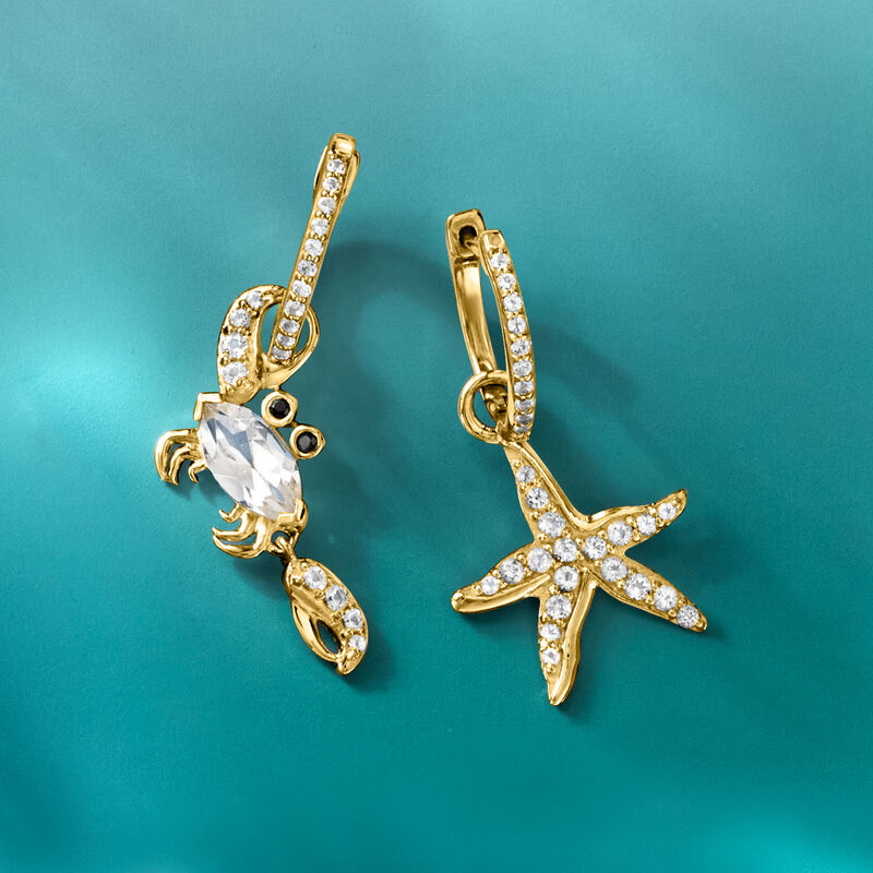 2.20 ct. t.w. White Topaz Starfish and Crab Mismatched Drop Earrings with Black Spinel in 18kt Gold Over Sterling  image number 7