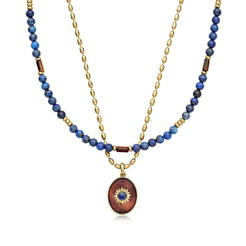 14kt Yellow Gold-Plated Jewelry Set: Two Necklaces with Lapis, Tiger Eye and Wood. 18" image number 0