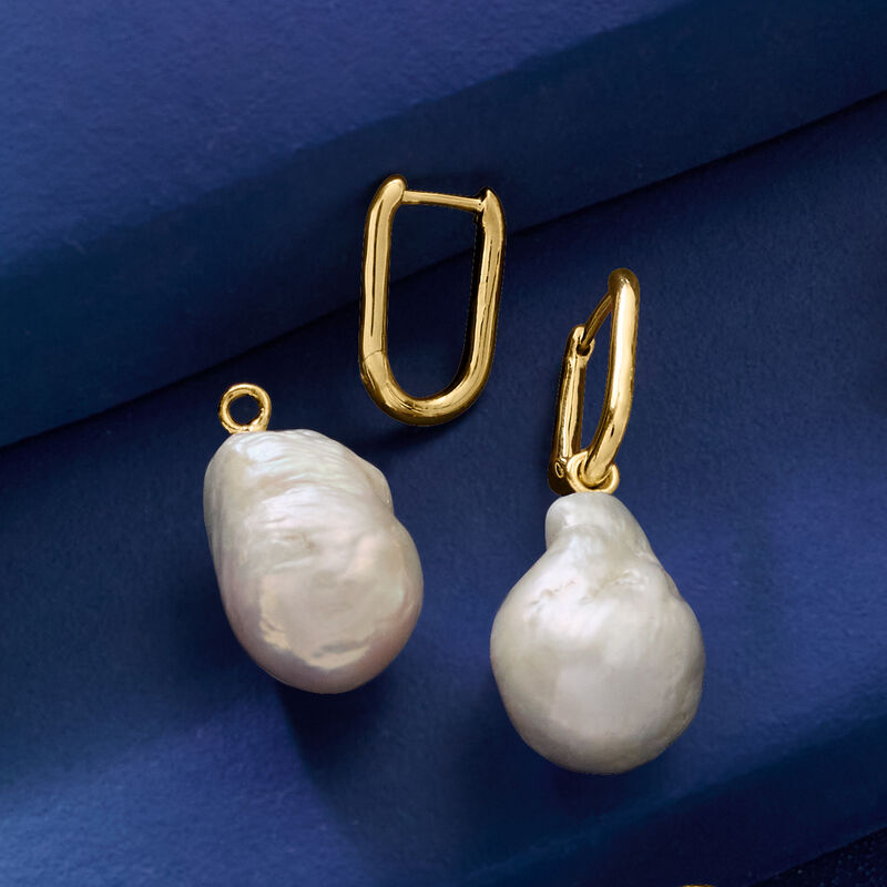 18kt Gold Over Sterling Hoop Earrings with Removable 10-13mm Cultured Baroque Pearl Drops image number 6