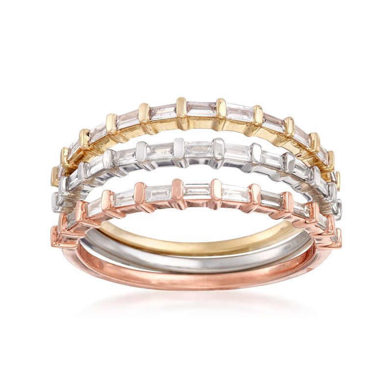 .48 ct. t.w. Baguette Diamond Jewelry Set: Three Rings in 14kt Tri-Colored Gold image number 0