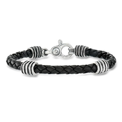 Zina Sterling Silver Men's Braided Black Leather Bracelet