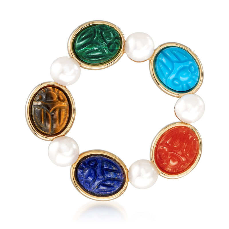 Cultured Pearl and Multi-Gemstone Scarab Pin in 14kt Yellow Gold image number 0