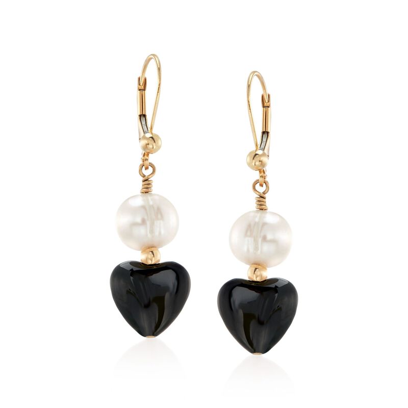 8-9mm Cultured Pearl and Black Onyx Heart Bead Drop Earrings in 14kt Gold  image number 0