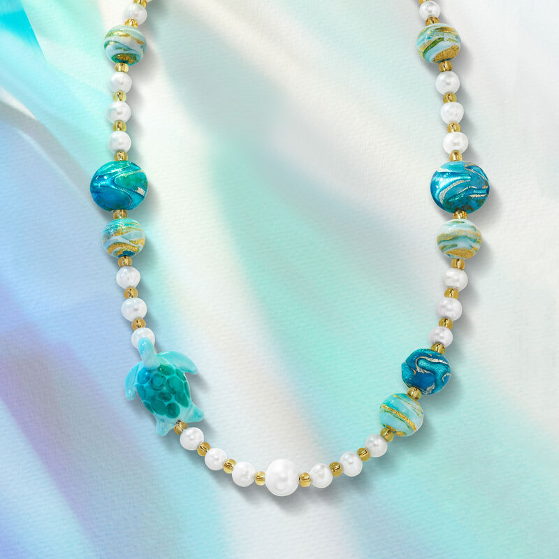 Italian Multicolored Murano Glass Turtle and Bead Necklace with 6-11mm Cultured Pearls in 18kt Gold Over Sterling. 18&quot; image number 4
