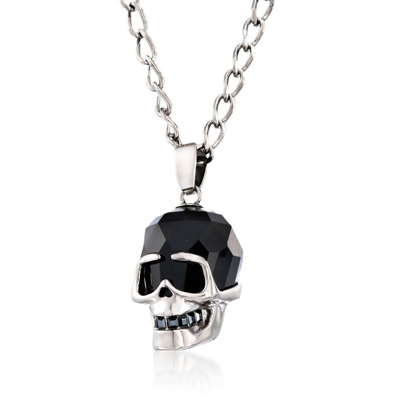 Swarovski Crystal Men's &quot;N the Skull&quot; Jet Hematite Crystal Pendant Necklace in Silvertone image number 1