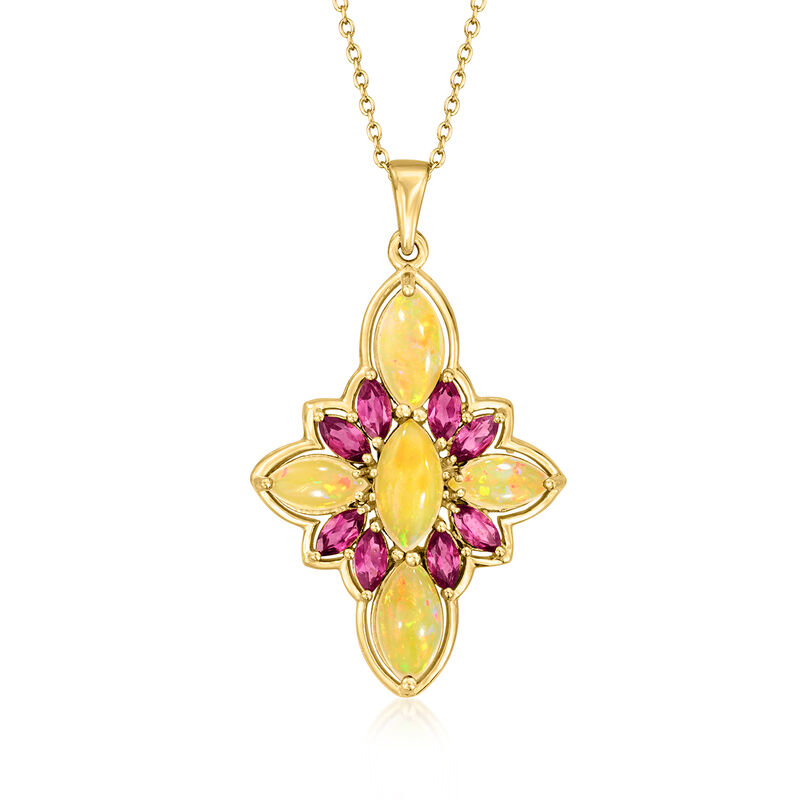 Opal and 1.30 ct. t.w. Rhodolite Garnet Pendant Necklace in 18kt Gold Over Sterling. 18&quot; image number 1