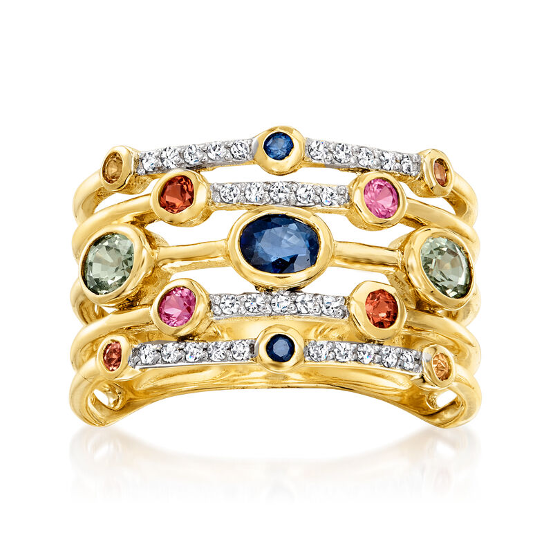 1.10 ct. t.w. Multicolored Sapphire and .12 ct. t.w. Diamond Ring in 14kt Yellow Gold image number 0