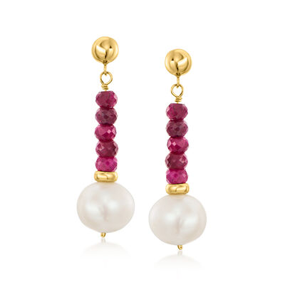 C. 1990 Vintage 10x8mm Cultured Pearl and 3.50 ct. t.w. Ruby Bead Drop Earrings in 14kt Yellow Gold