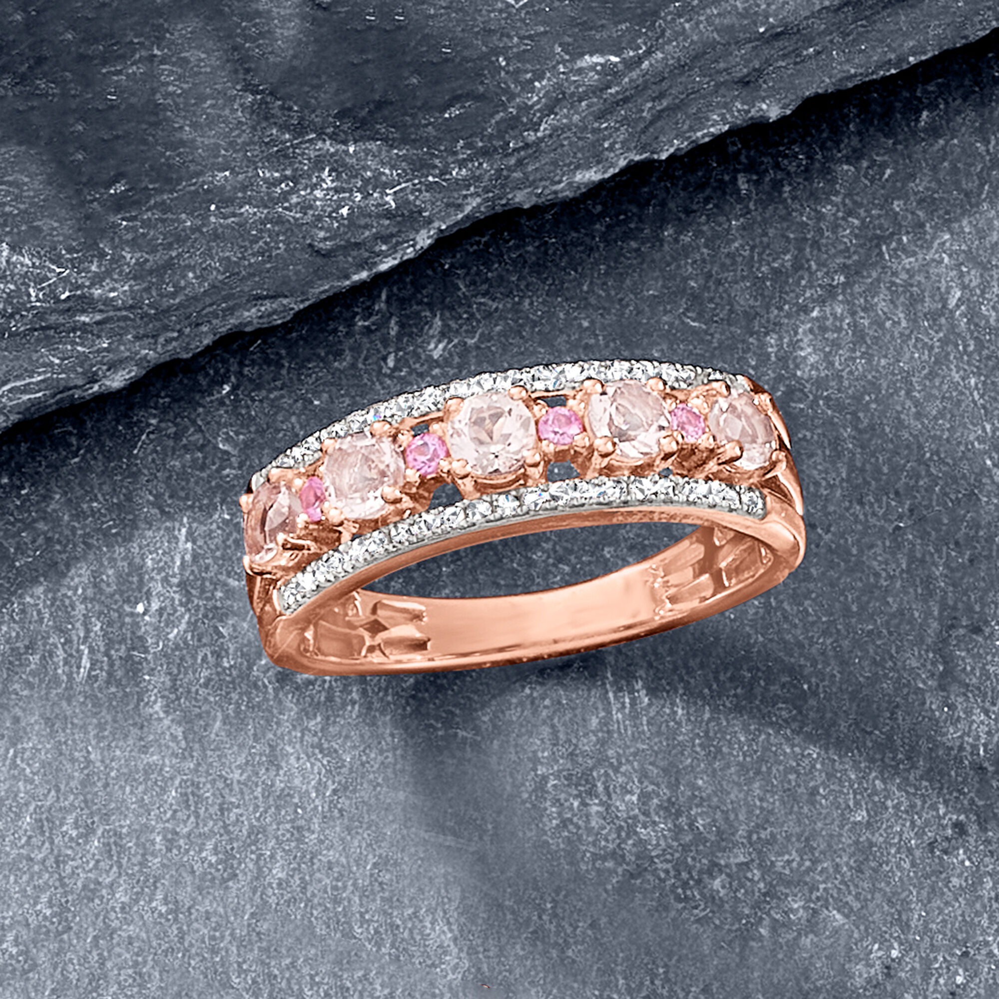 45 ct. t.w. Morganite and .10 ct. t.w. Diamond Ring with Pink Sapphire Accents in 18kt Rose Gold Over Sterling
