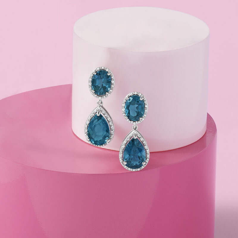 11.00 ct. t.w. London Blue Topaz and .14 ct. t.w. Diamond Drop Earrings in Sterling Silver image number 3