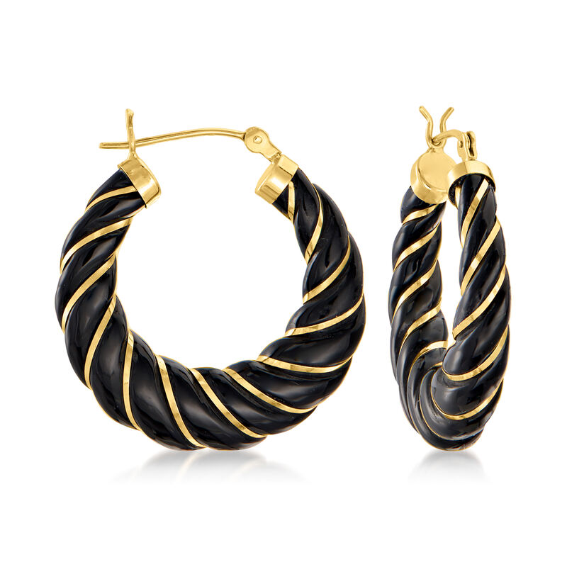 Black Agate Twisted Hoop Earrings in 14kt Yellow Gold. 1 1/8&quot; image number 0