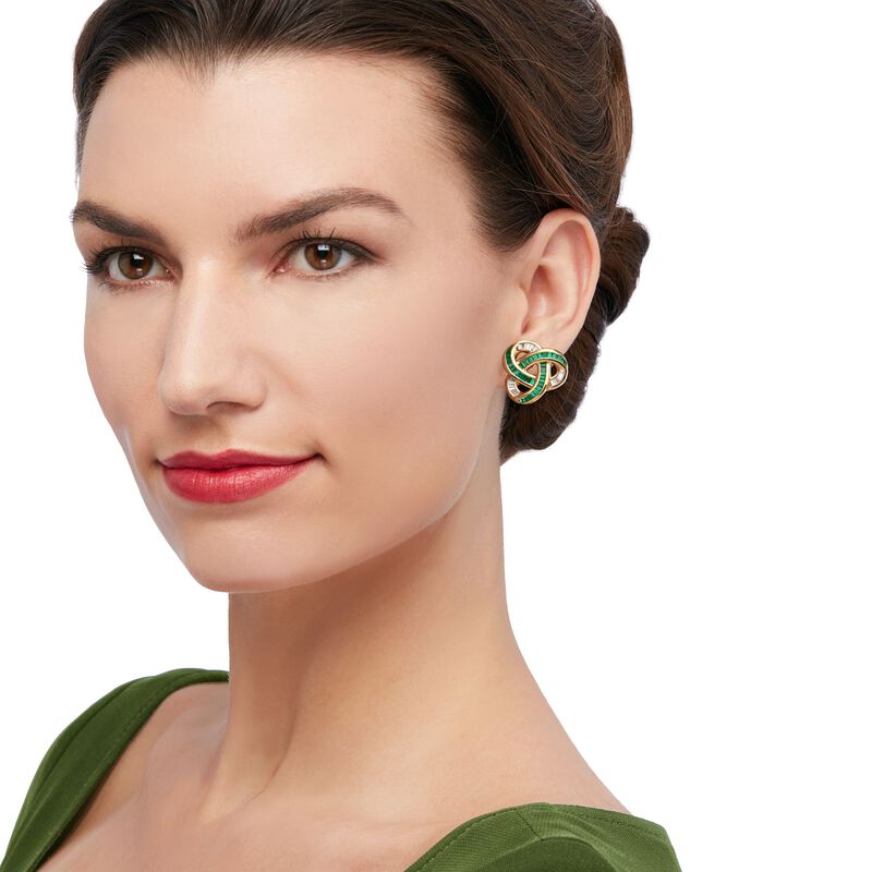 C. 2000 Vintage 2.75 ct. t.w. Emerald and .75 ct. t.w. Diamond Trinity Knot Earrings in 18kt Yellow Gold image number 1