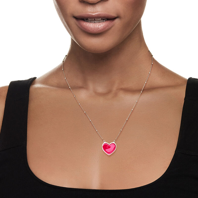 Italian Pink Enamel Heart Necklace in Sterling Silver. 18&quot; image number 0