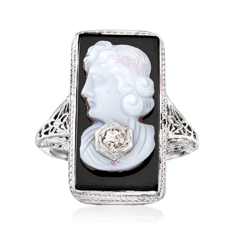 C. 1950 Vintage White Agate and Black Onyx Cameo Ring with Diamond Accent in 14kt White Gold image number 0