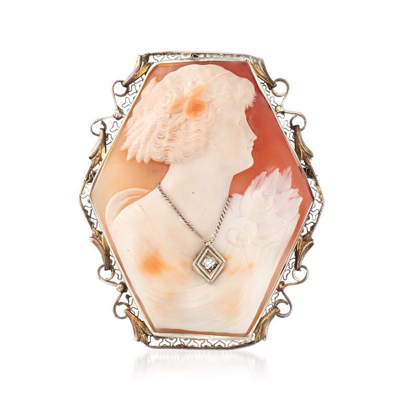 C. 1950 Vintage Shell Cameo Pin/Pendant with Diamond Accent in 14kt White Gold image number 1