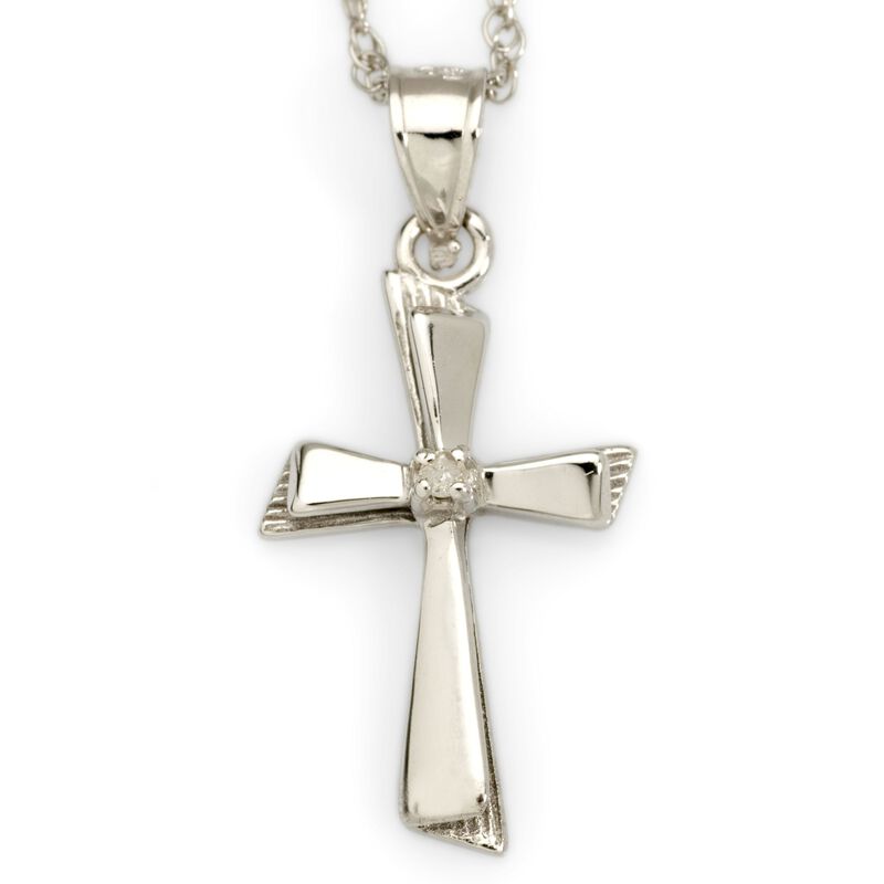 14kt White Gold Cross Pendant Necklace with Diamond Accent. 18&quot; image number 0