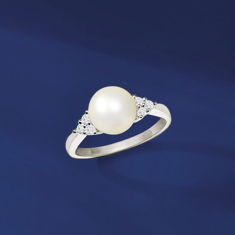 7.5-8.5mm Cultured Pearl and .13 ct. t.w. Diamond Ring in Sterling Silver image number 3