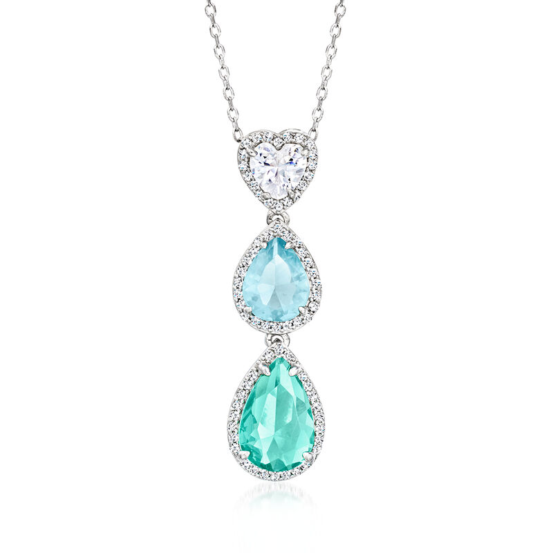 Italian 1.00 ct. t.w. CZ Heart Pendant Necklace with 2.00 Carat Green Simulated Tourmaline and 1.50 Carat Simulated Aquamarine in Sterling Silver. 18&quot; image number 1