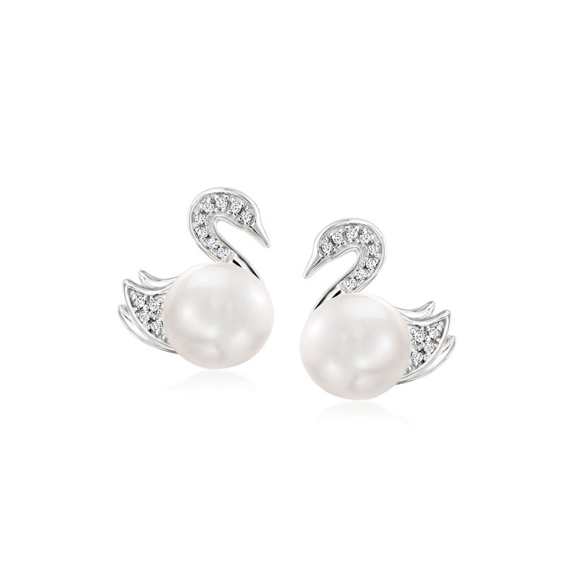 7-7.5mm Cultured Pearl Swan Earrings with Diamonds in Sterling Silver image number 0
