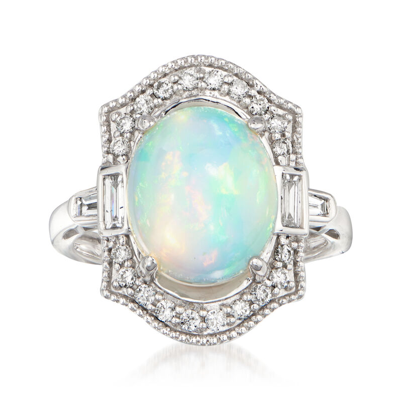 Opal and .46 ct. t.w. Baguette and Round Diamond Ring in 14kt White Gold image number 0