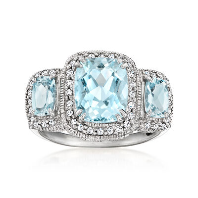 C. 1990 Vintage 4.25 ct. t.w. Aquamarine Three-Stone Ring with .40 ct. t.w. Diamonds in 14kt White Gold