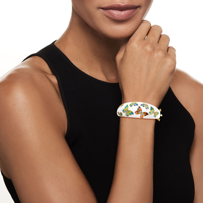3.00 ct. t.w. White Topaz and Multicolored Enamel Butterfly Bangle Bracelet in 18kt Gold Over Sterling image number 1