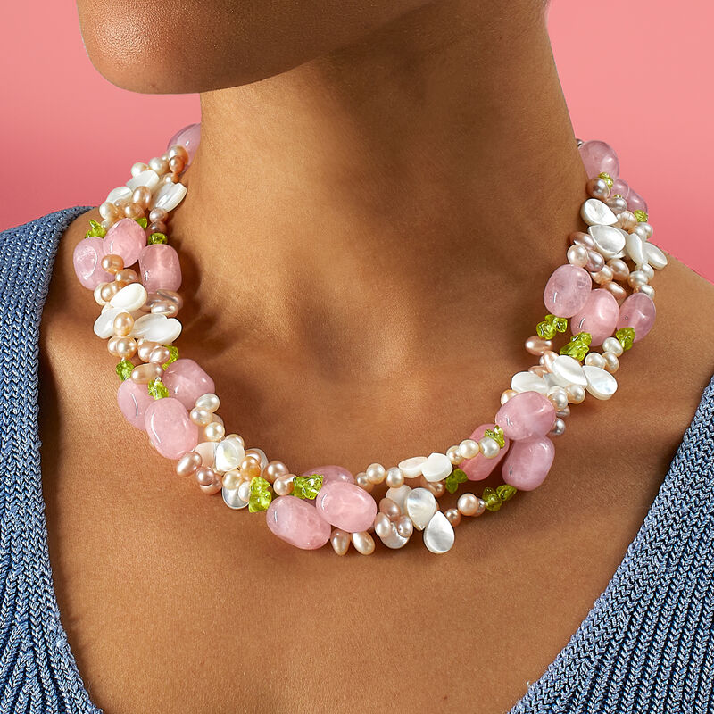 4-5mm Multicolored Cultured Pearl and Multi-Gemstone Torsade Necklace with Sterling Silver. 19&quot; image number 6