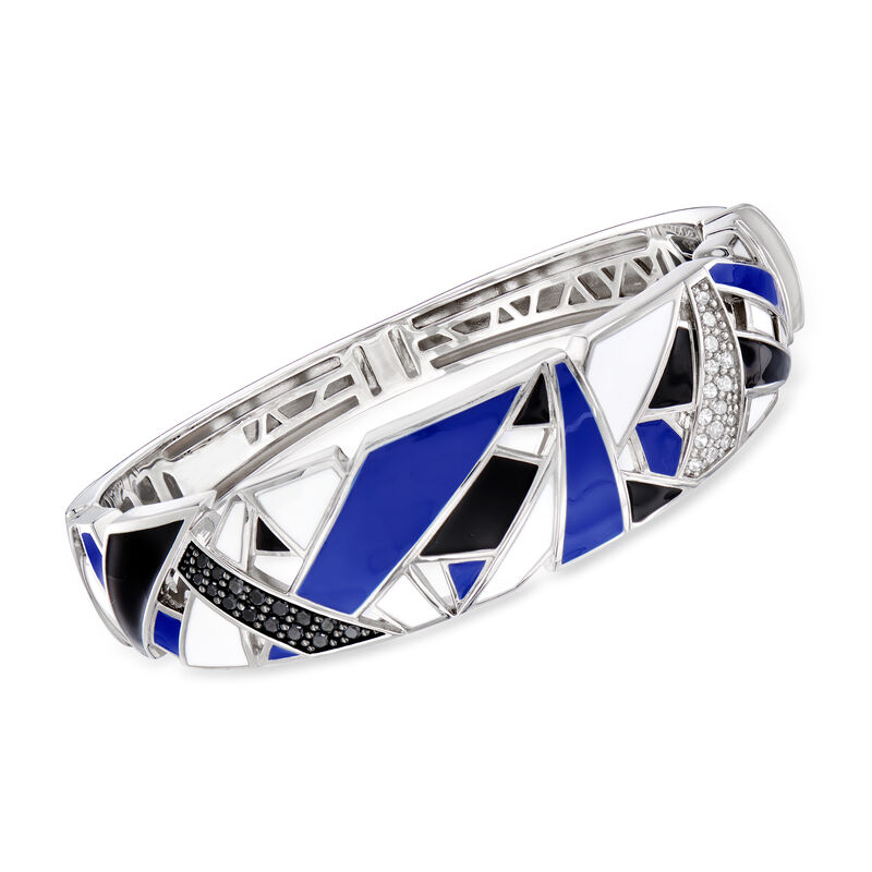 Belle Etoile &quot;Spectrum&quot; Enamel and .90 ct. t.w. Black and White CZ Bangle Bracelet in Sterling Silver. 7&quot; image number 0