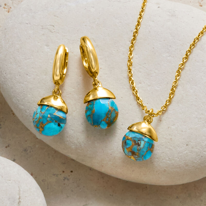 Turquoise Jewelry Set: Drop Earrings and Necklace in 18kt Gold Over Sterling. 18&quot; image number 6