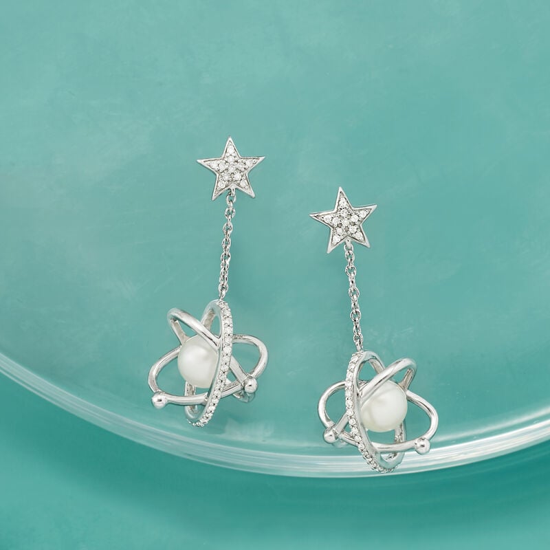 Cultured Pearl and .15 ct. t.w. Diamond Celestial Drop Earrings in Sterling Silver image number 2