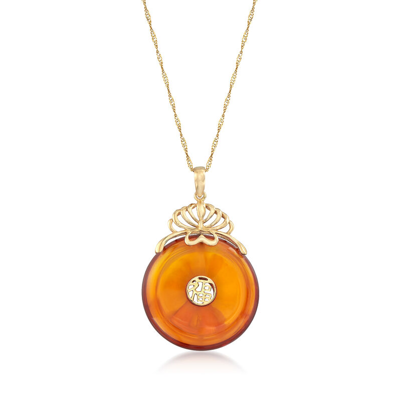22mm Amber Chinese &quot;Fortune&quot; Symbol Pendant in 14kt Yellow Gold image number 0