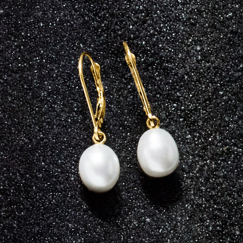 8-8.5mm Cultured Pearl Oval Drop Earrings in 14kt Yellow Gold image number 3