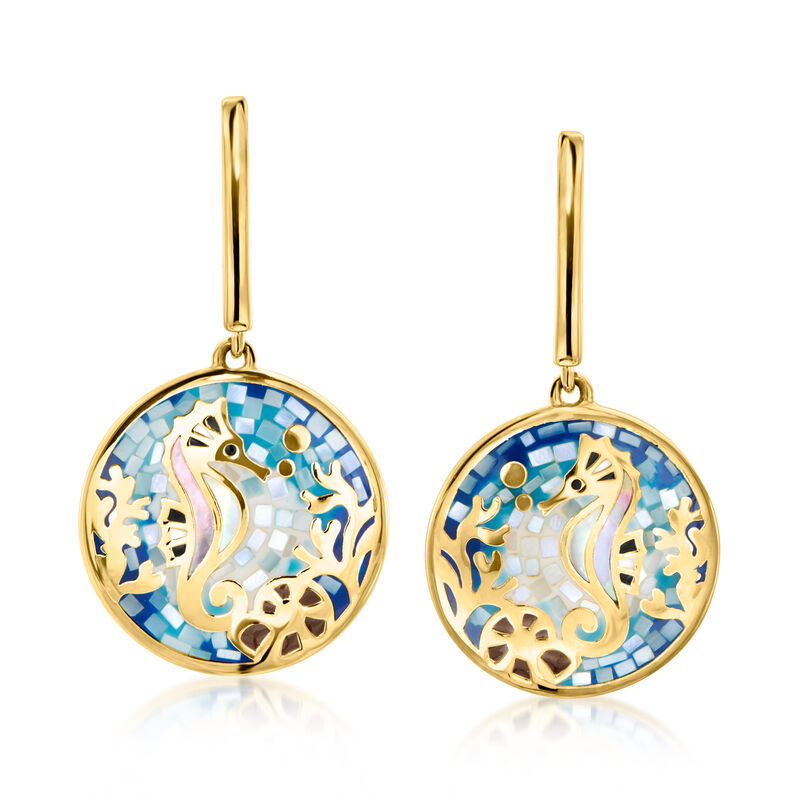 Multicolored Enamel and Mother-of-Pearl Seahorse Mosaic Drop Earrings in 18kt Gold Over Sterling  image number 2