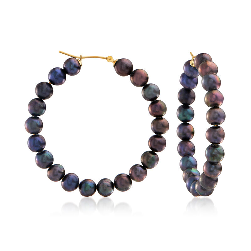 6-7mm Black Cultured Pearl Hoop Earrings in 14kt Yellow Gold image number 0
