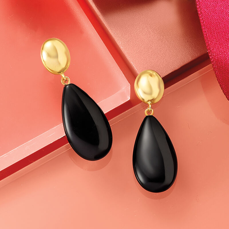 14kt Yellow Gold and Black Onyx Teardrop Earrings image number 2