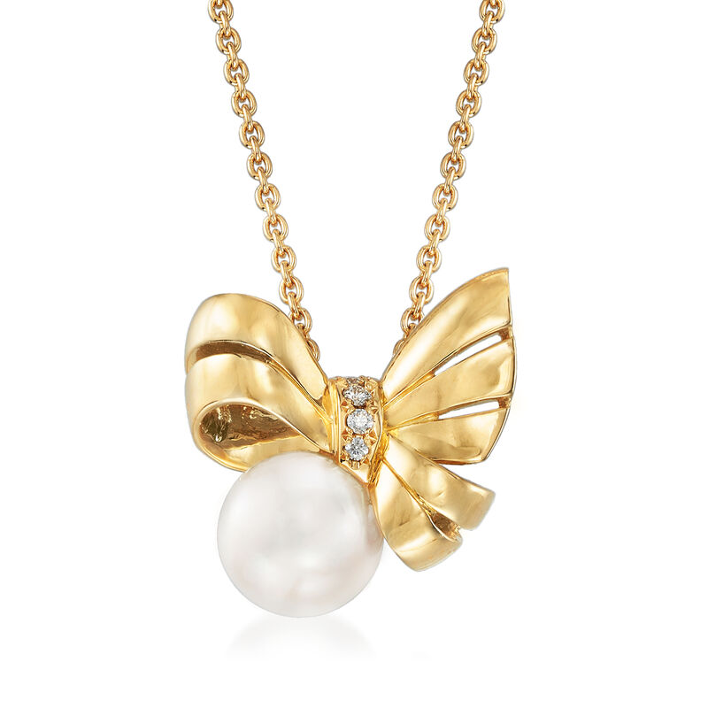 Mikimoto 8mm 'A+' Akoya Pearl Bow Pendant Necklace with Diamond Accents in 18kt Yellow Gold image number 1