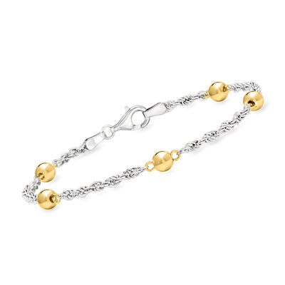 Sterling Silver and 18kt Gold Over Sterling Bead Station Rope-Chain Bracelet