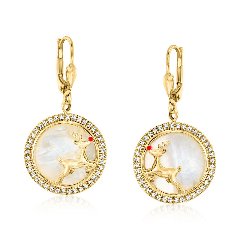 Mother-of-Pearl and .80 ct. t.w. White Zircon Reindeer Drop Earrings with Red Enamel in 18kt Gold Over Sterling image number 0