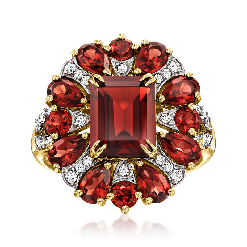 6.30 ct. t.w. Garnet and .24 ct. t.w. Diamond Ring in 14kt Yellow Gold image number 0
