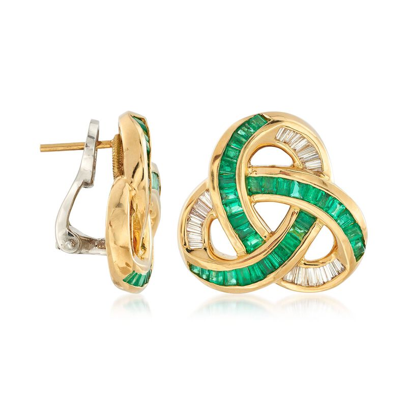 C. 2000 Vintage 2.75 ct. t.w. Emerald and .75 ct. t.w. Diamond Trinity Knot Earrings in 18kt Yellow Gold image number 2