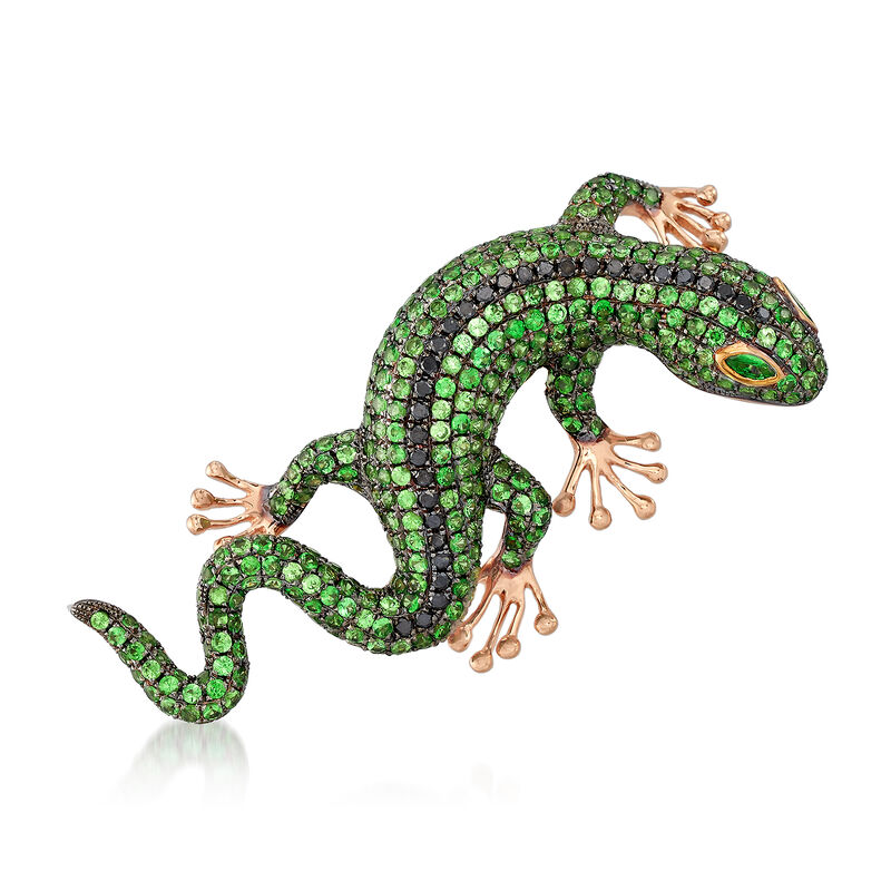 4.91 ct. t.w. Tsavorite and .39 ct. t.w. Black Diamond Lizard Pin Pendant in 18kt Rose Gold  image number 0